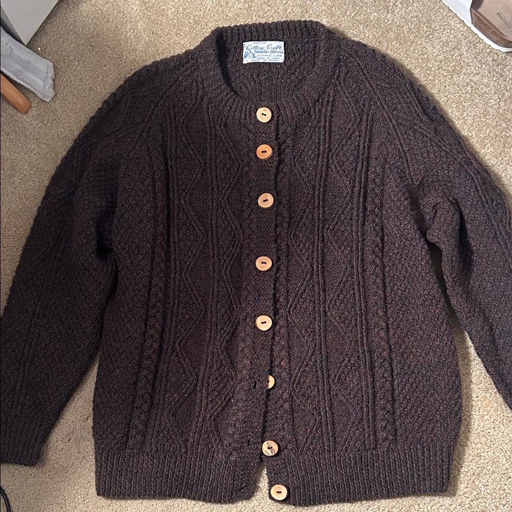 Brown Cable Knit Wool Cardigan with Wooden Buttons